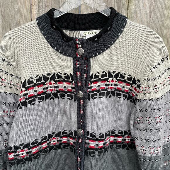 Orvis Caridgan Sweater Wool Blend Knit Button Front Fair Isle Gray Size Large - Picture 5 of 8